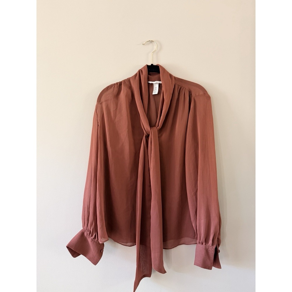 H&M Women's Divided Top Medium Brown, Sheer, Long Sleeve Blouse